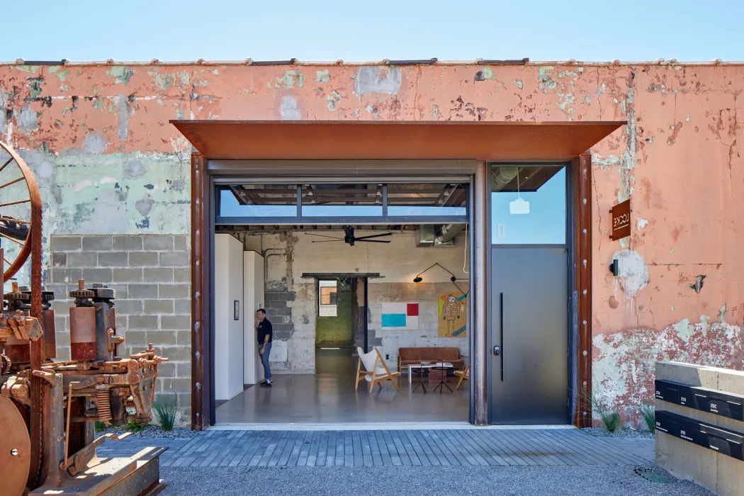 Looking into the office of Locke Contractors from the Bandsaw Building courtyard in Birmingham, Alabama.
