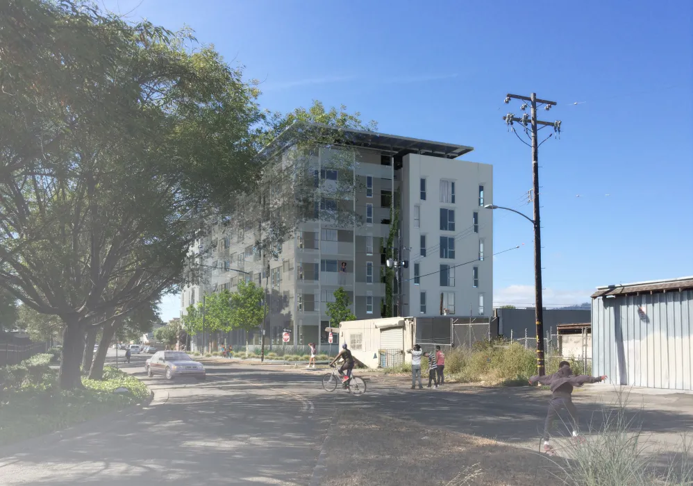 Exterior rendering of Coliseum Place in Oakland, California.