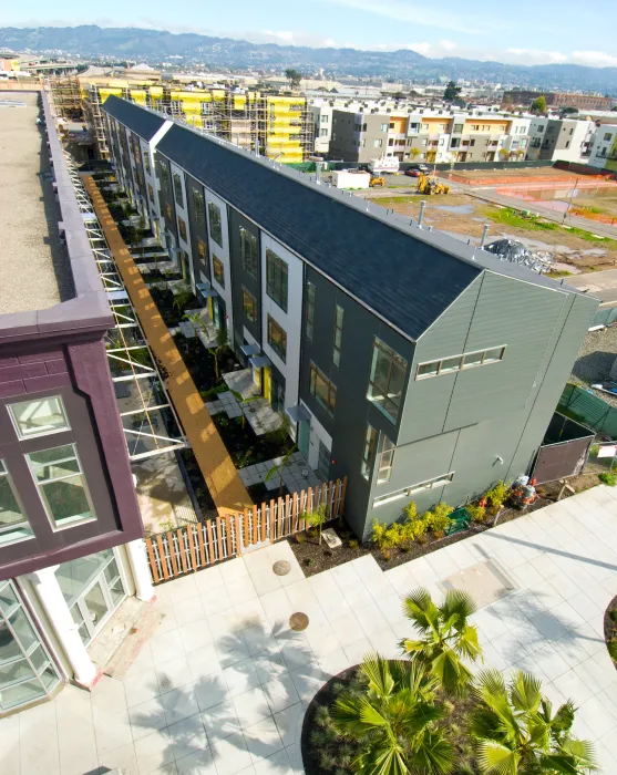 View of the resident pathway from above at Pacific Cannery Lofts in Oakland, California.