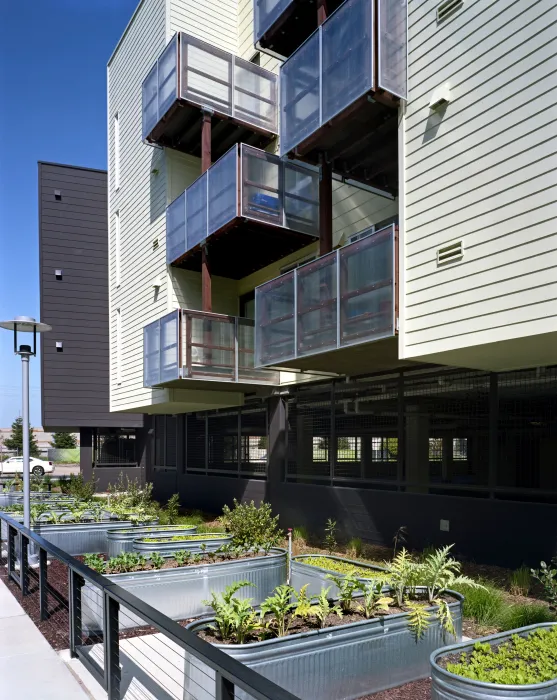 Exterior view of the resident gardens at Ironhorse at Central Station in Oakland, California.