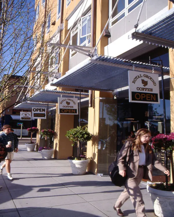 Exterior view of the retail spaces at Manville Hall in Berkeley, California.