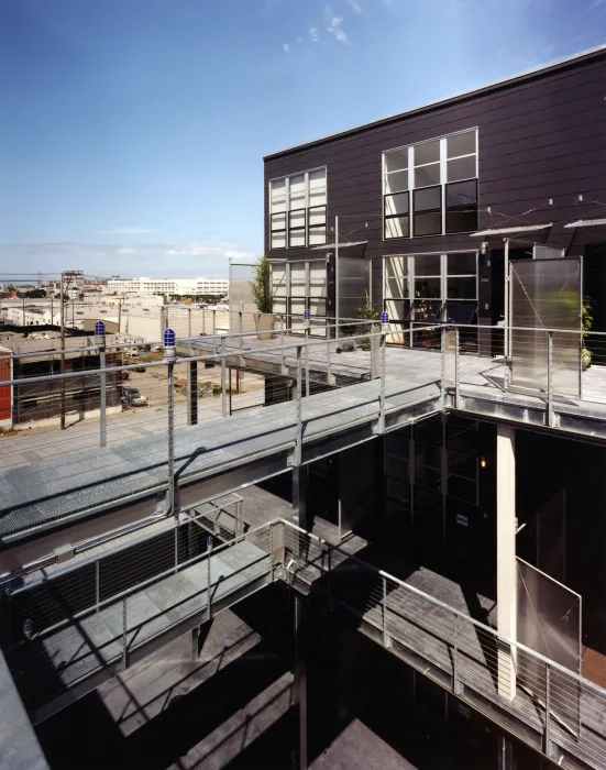 Open-air bridges at Indiana Industrial Lofts in San Francisco.