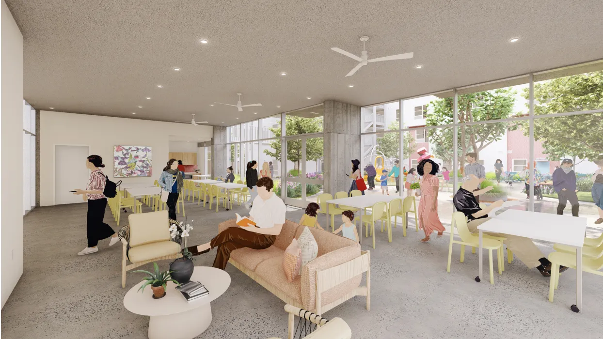 Rendering of the community lounge for Colibrí Commons in East Palo Alto, California.
