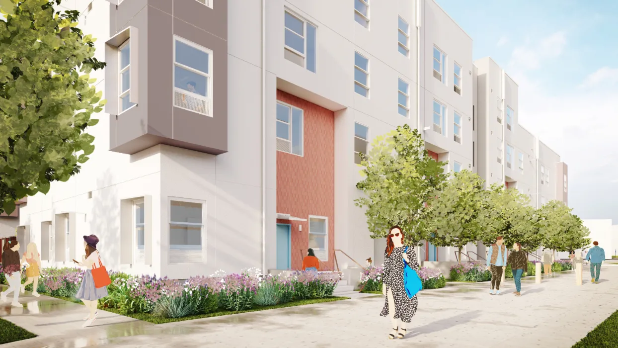 Exterior rendering of the pedestrian pathway for Colibrí Commons in East Palo Alto, California.