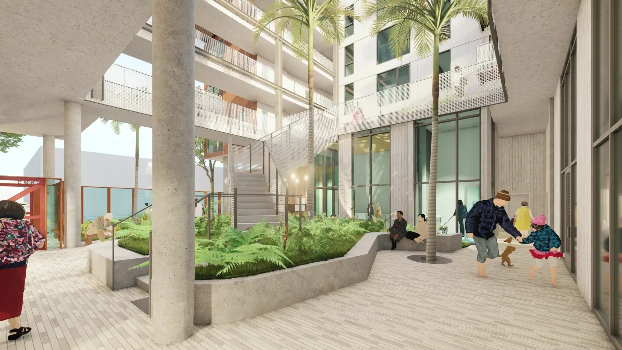 Rendering of the courtyard for The Villages at 995 East Santa Clara.