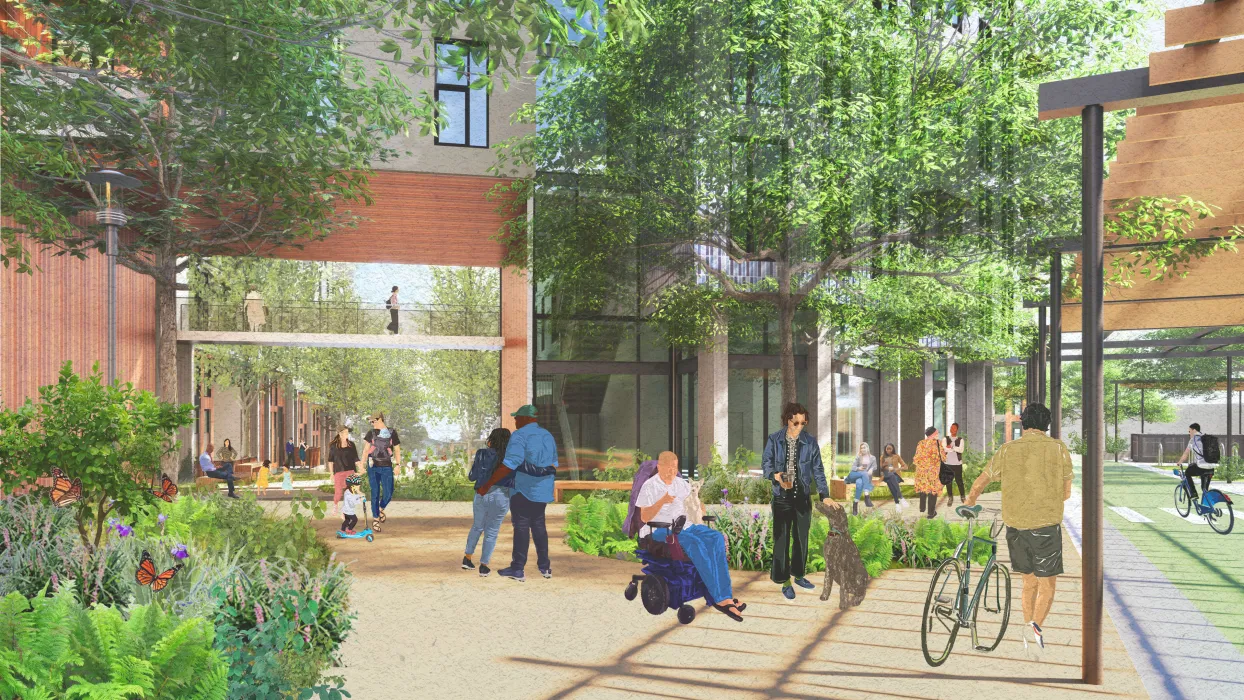 Exterior rendering of the community spaces at North Berkeley BART station in Berkeley, Ca.