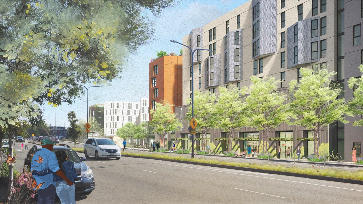 Exterior rendering of the street view of North Berkeley BART site in Berkeley, California.