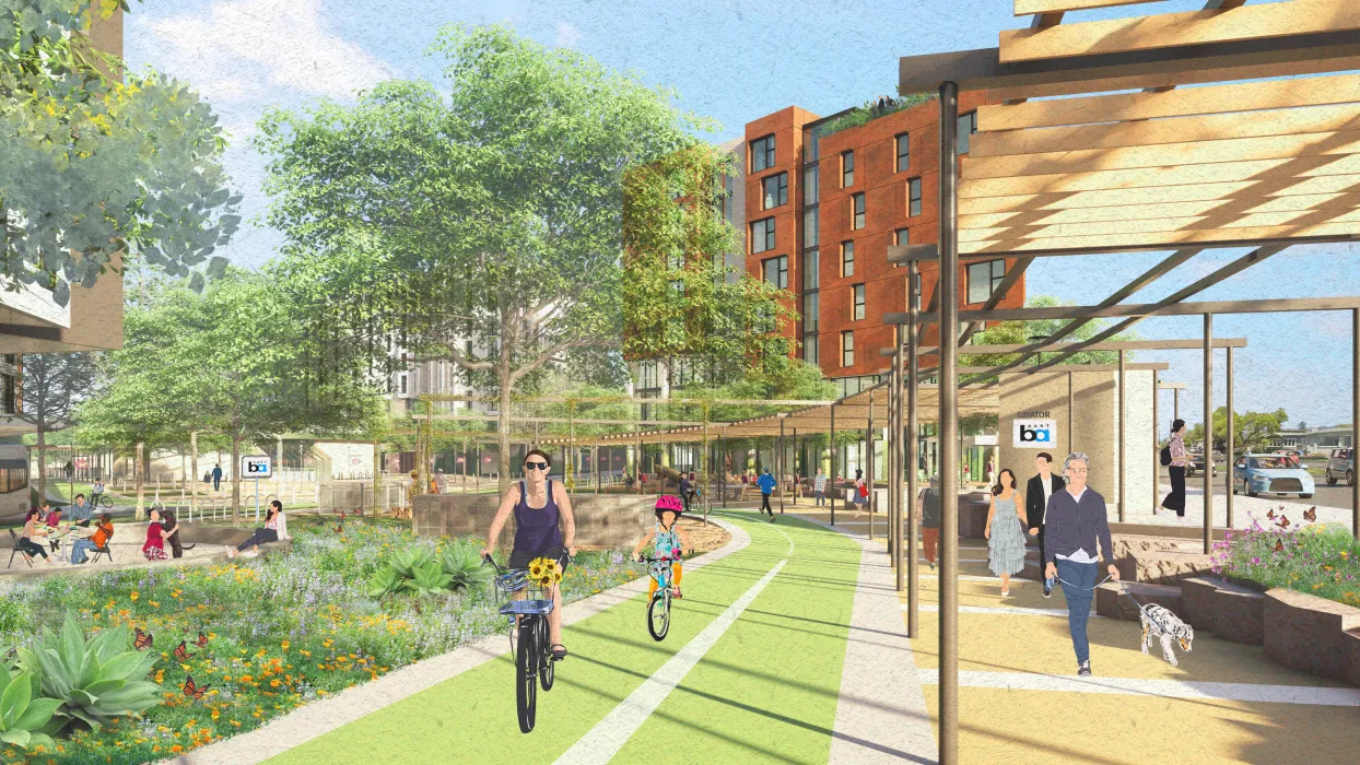 Exterior rendering of the Ohlone Greenway at North Berkeley BART station in Berkeley, California.