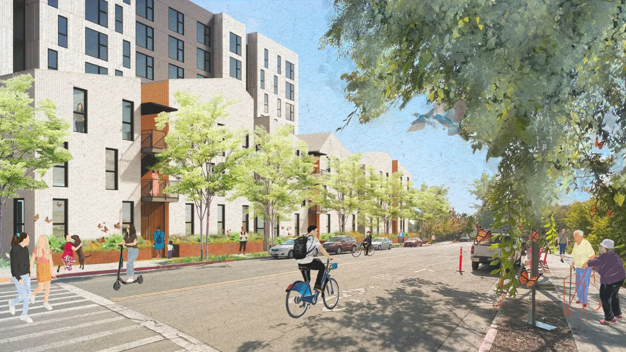 Exterior rendering of Virginia Street at North Berkeley BART site at Berkeley, California.