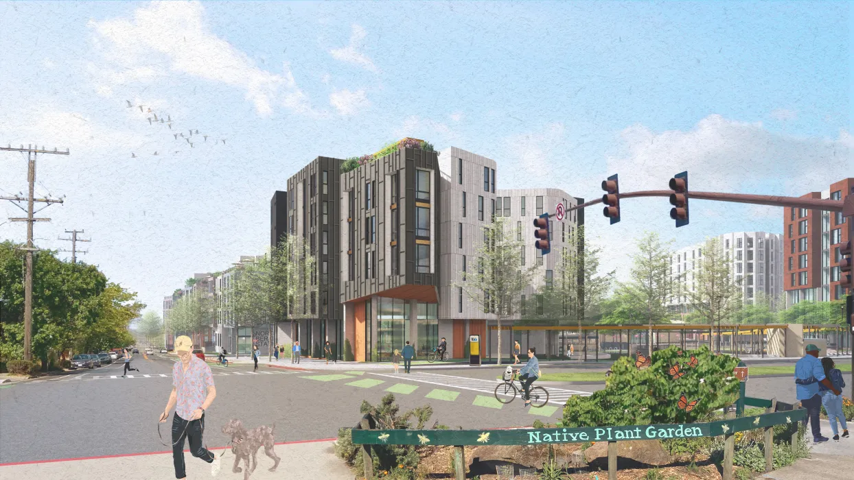 Exterior rendering of North Berkeley BART site at the intersection of Sacramento and Delaware street in Berkeley, California.
