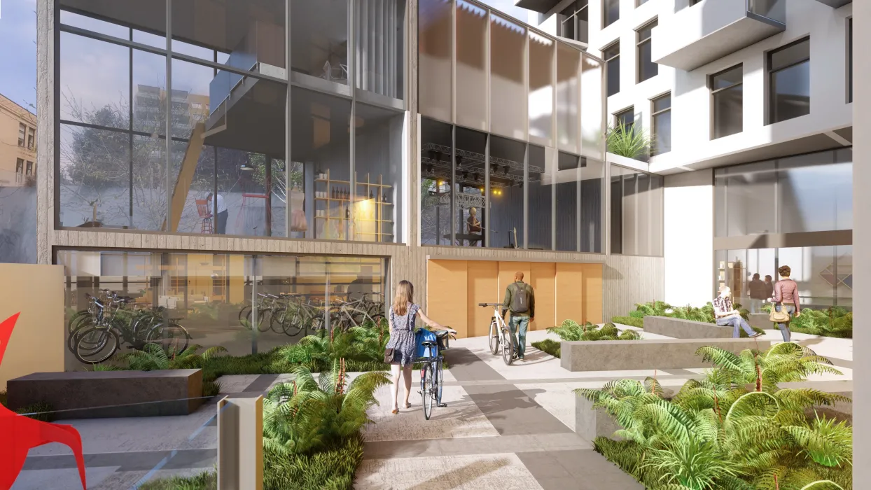 Exterior rendering of the courtyard for 600 McAllister in San Francisco.