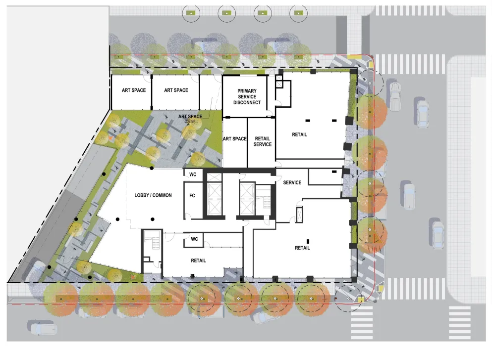 Ground level floor plan with landscape design for 600 McAllister in San Francisco.