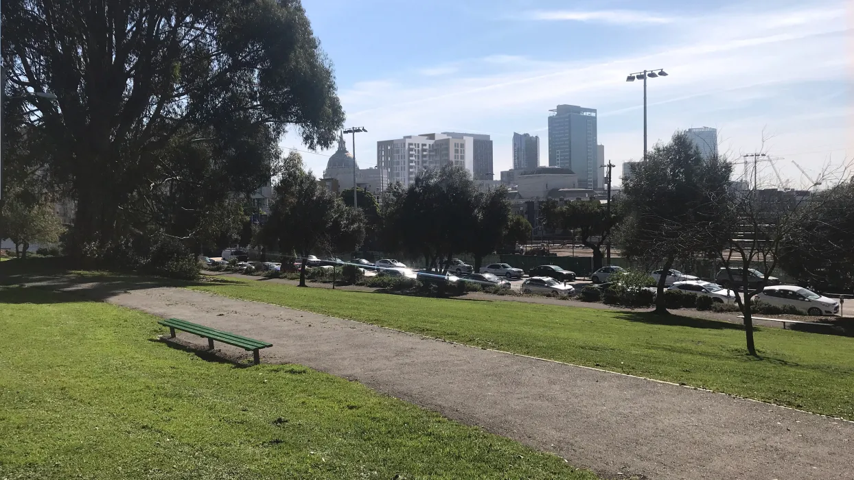 Jefferson Square Park in San Francisco with a rendered 600 McAllister in the background.