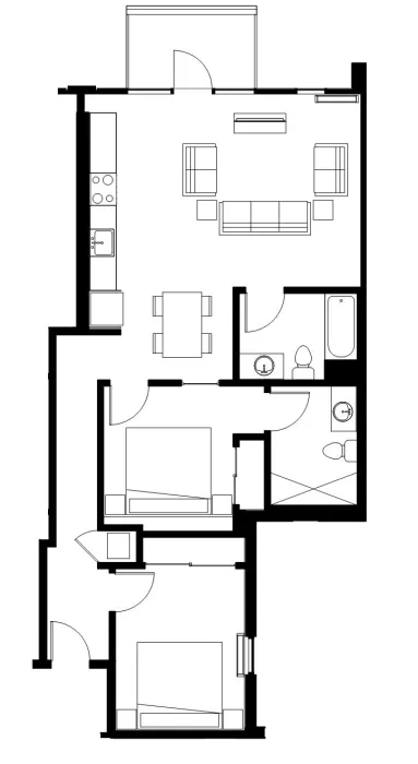 Two bedroom floor plan for 1101 Sutter in San Francisco.