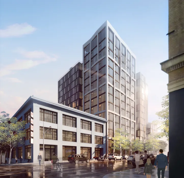 Exterior rendering of 1101 Sutter from the corner of Sutter and Larkin Street in San Francisco.
