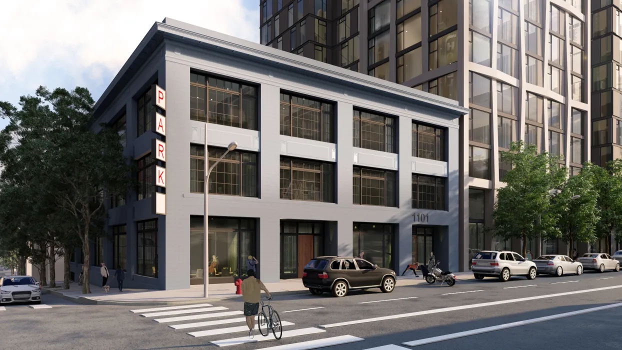 Exterior rendering of the corner of the ground floor at corner of Sutter and Larkin Street.