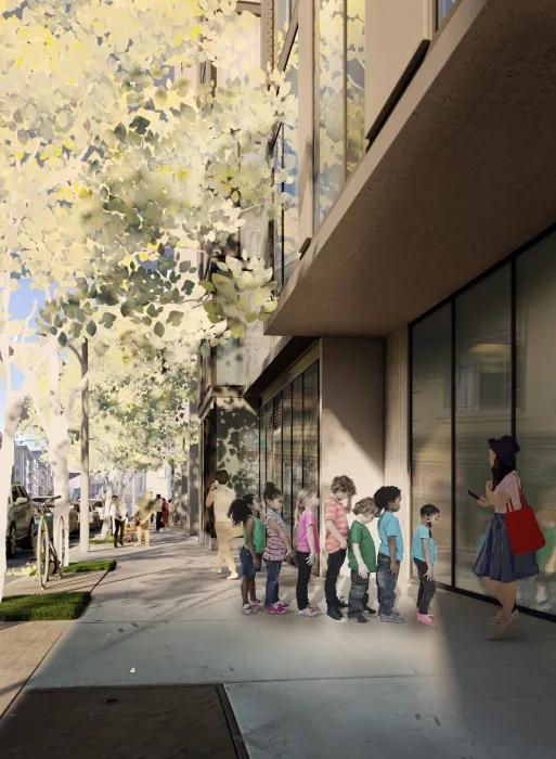 Exterior rendering of the ground floor entrance to the childcare center at 1101 Sutter in San Francisco.