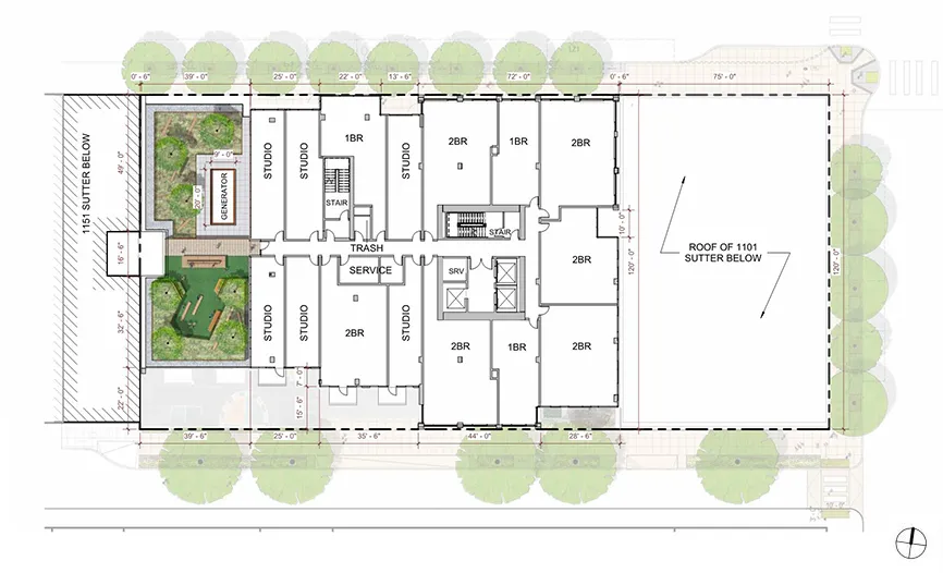 Seventh level site plan for 1101 Sutter in San Francisco.