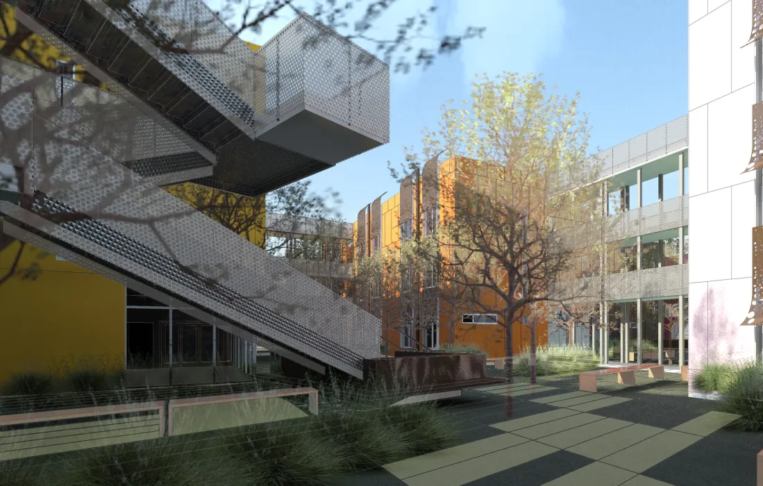 Exterior rendering of the south courtyard for Blossom Hill.