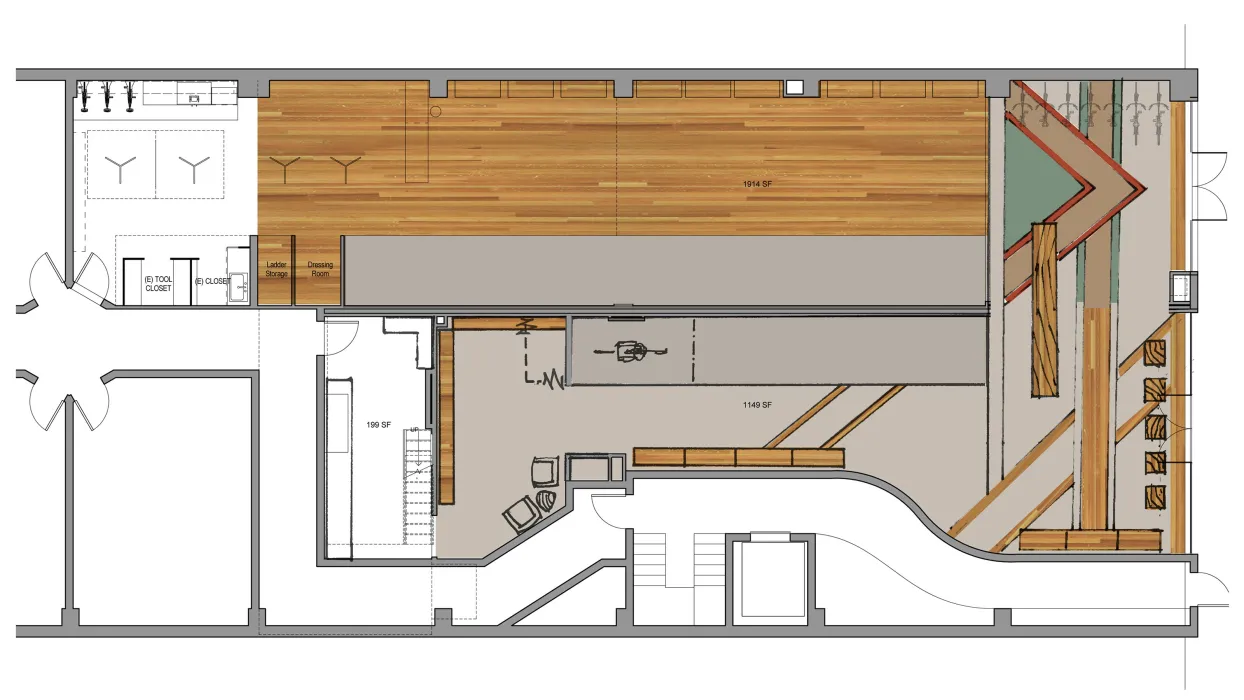 Floor plan with materials for Huckleberry Bicycles in San Francisco.