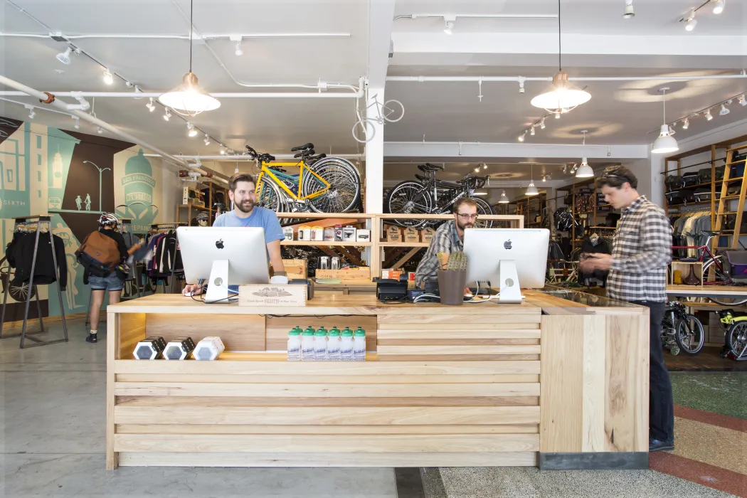 Custom wood counter inside Huckleberry Bicycles in San Francisco.