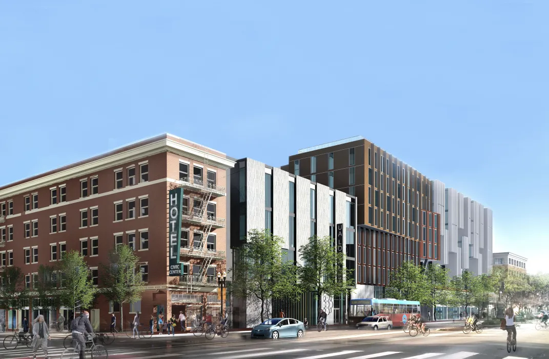 Exterior rendering of the Local 38 Plumbers Union Hall in San Francisco. 