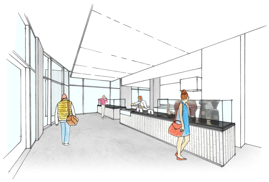 Interior rendering of the entry and ordering counter for Johnny Doughnuts in San Francisco.