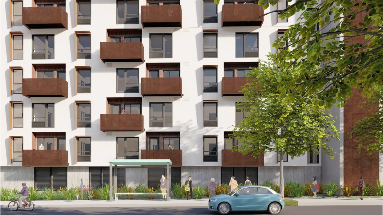 Exterior rendering of the 585 Keyes Street balconies.