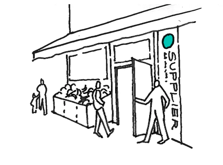 Sketch of the exterior of a bodega with an aqua circle with the word "SUPPLIER"