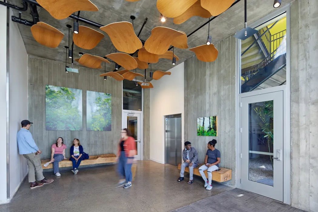 Lobby inside Coliseum Place in Oakland, California.