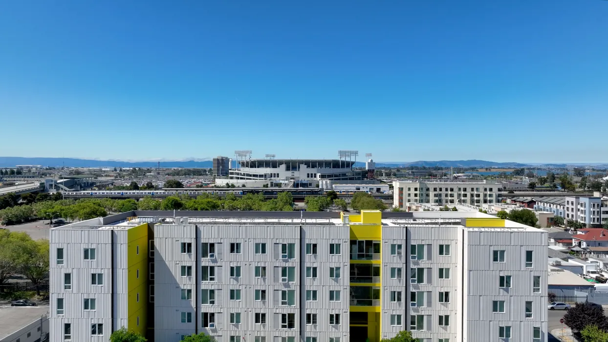 Aerial of Coliseum Place in Oakland, California.