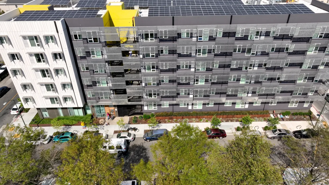 Aerial of Coliseum Place showing the aluminum sun shades.