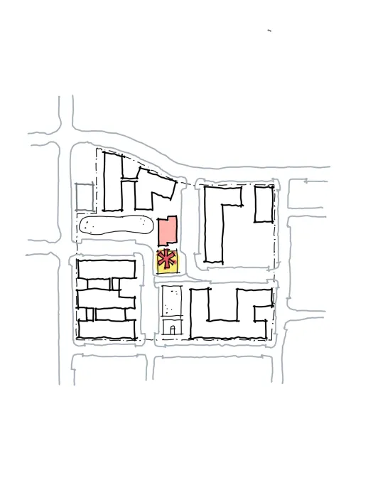 Site plan highlighting the central plaza barn for RESHAP Alameda Point in Alameda, Ca.