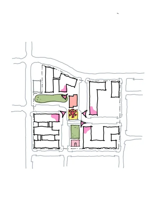 Site plan highlighting the buildings facing inwards RESHAP Alameda Point in Alameda, Ca.