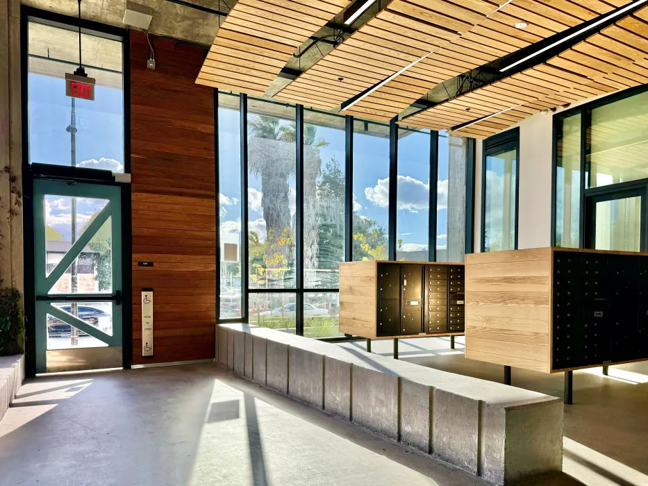 Interior view of the entry lobby of Sango Court in Milpitas, California.