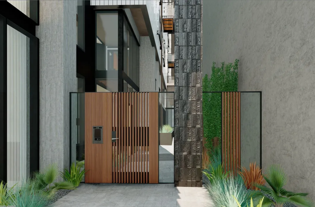 Exterior rendering of the entry gate for 420 Mendocino in Santa Rosa, California.