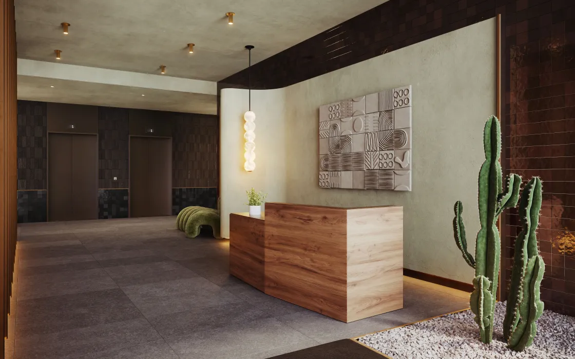 Interior rendering of the lobby for 420 Mendocino in Santa Rose, California.