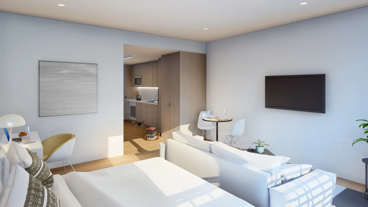 Interior rendering of a studio unit for 420 Mendocino in Santa Rose, California.