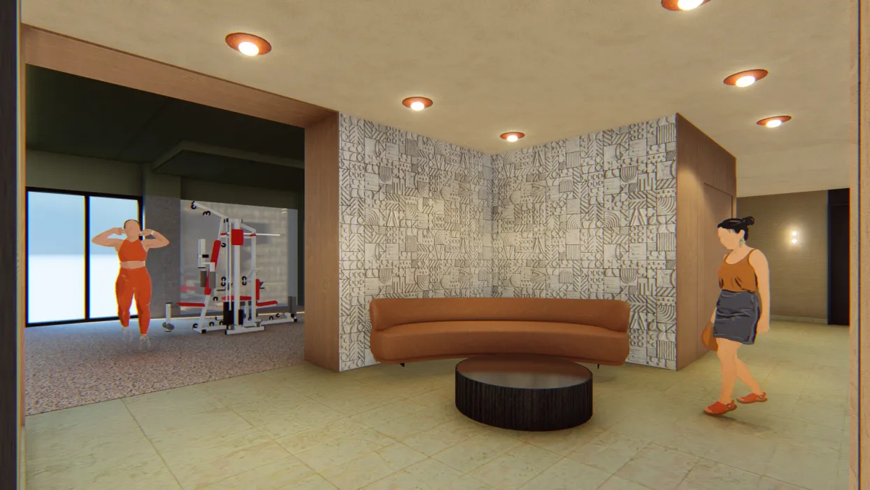 Interior rendering the wellness lobby for 420 Mendocino in Santa Rose, California.