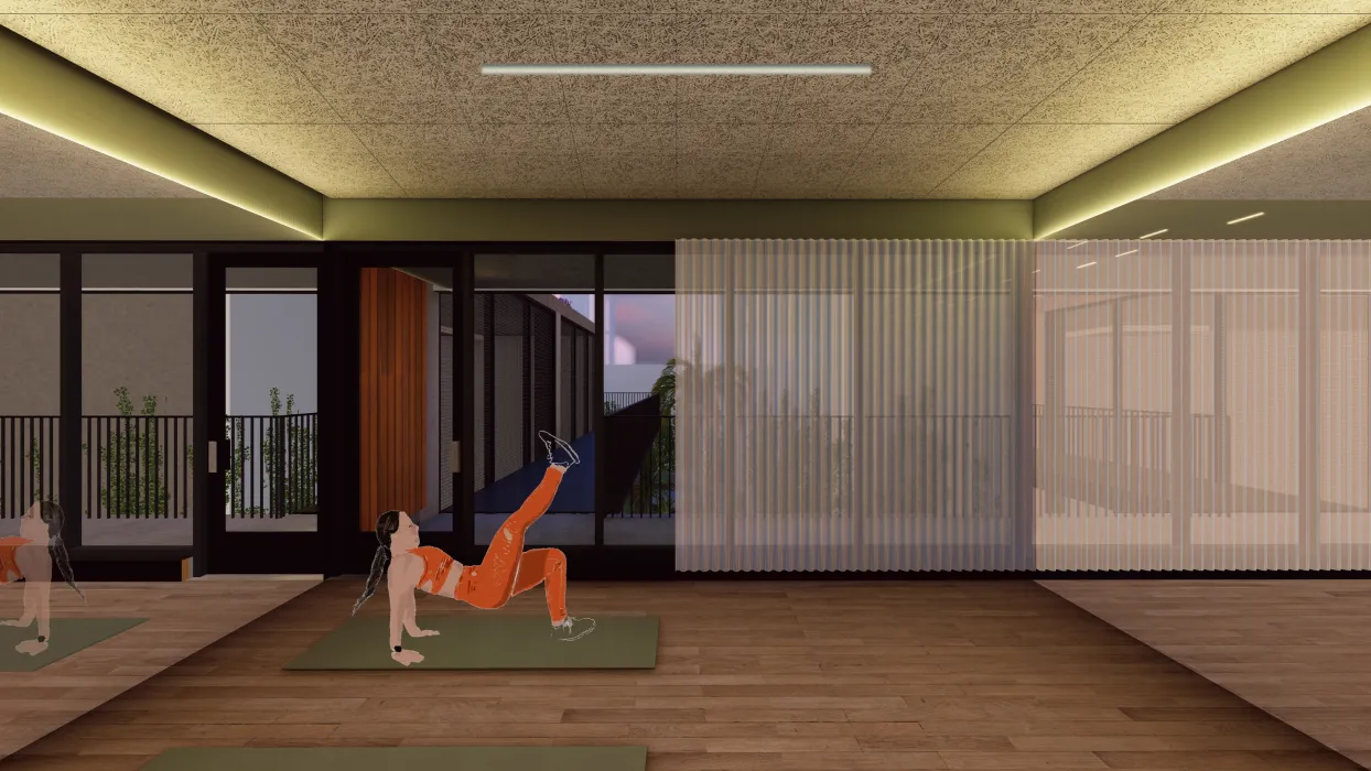 Interior rendering the wellness lobby for 420 Mendocino in Santa Rose, California.