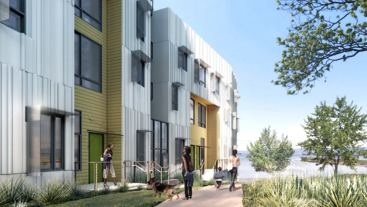 Exterior rendering of the ground floor stoops at Hunter’s View Phase 3 in San Francisco, Ca.