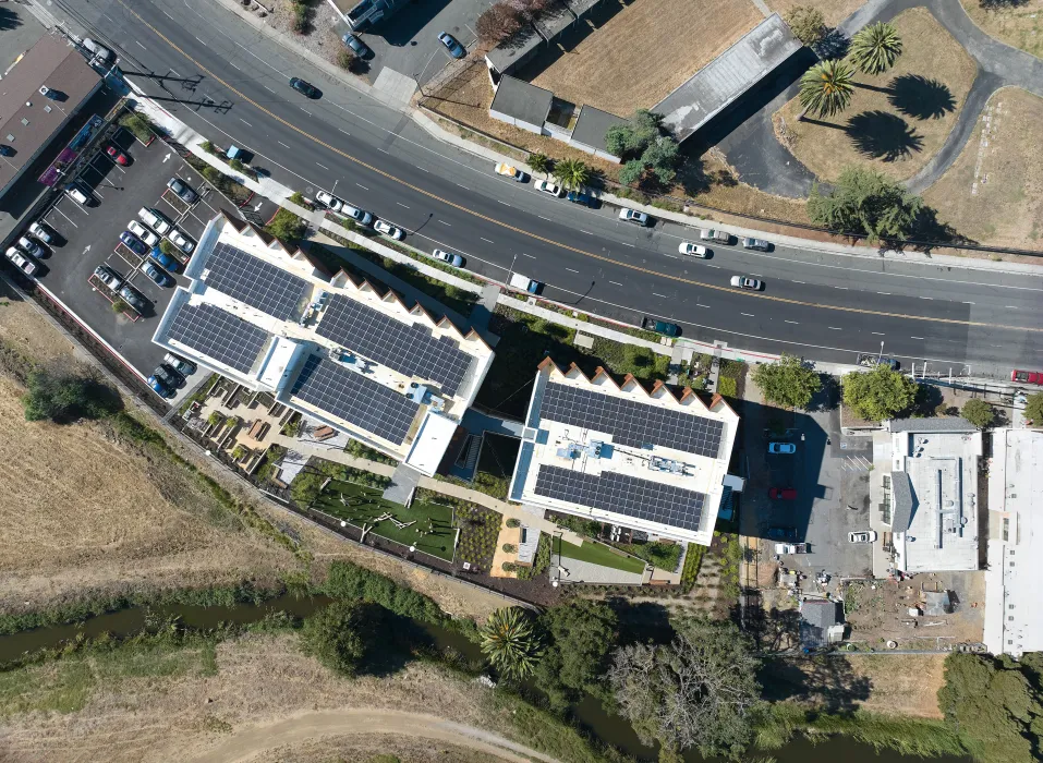 Aerial view of the top of the solar panels at Blue Oak Landing in Vallejo, California.