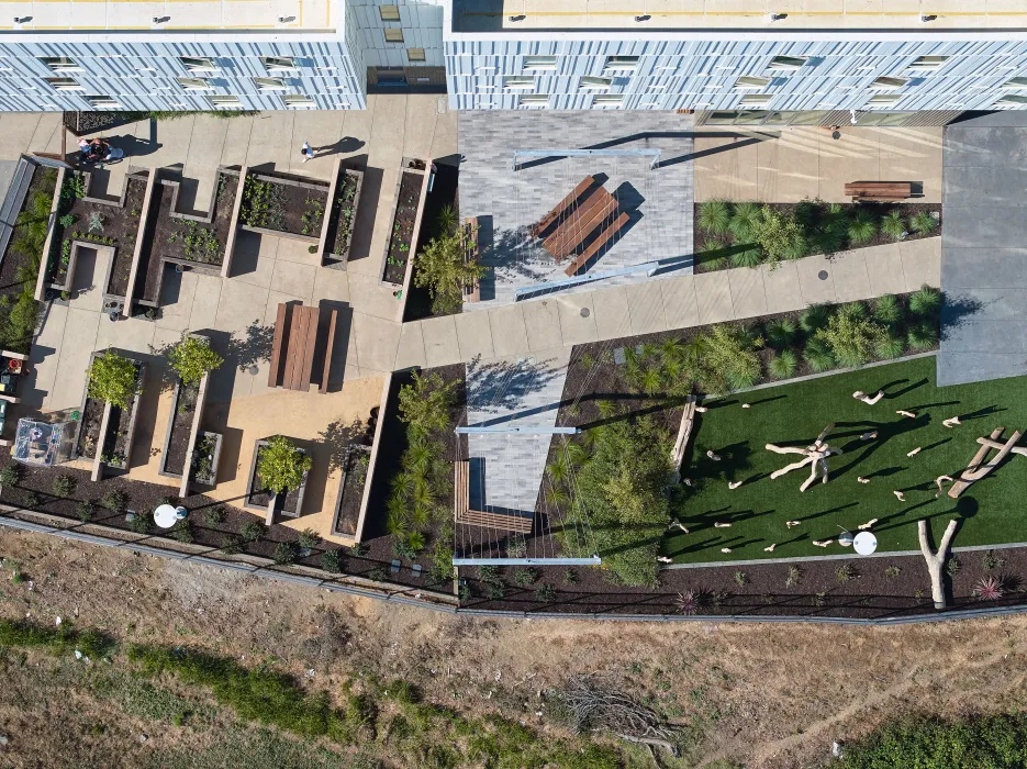 Aerial view of courtyard at Blue Oak Landing in Vallejo, California.