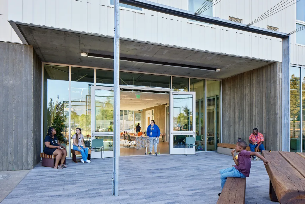 Exterior view the courtyard looking into the community center at Blue Oak Landing in Vallejo, California.