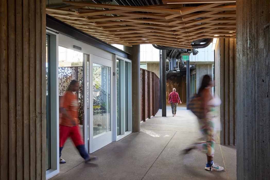 Interior view of the open-air lobby at Blue Oak Landing in Vallejo, California.