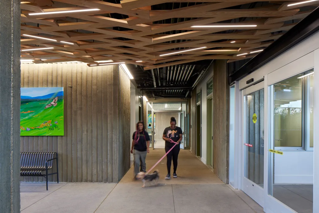 Interior view of the open-air lobby at Blue Oak Landing in Vallejo, California.