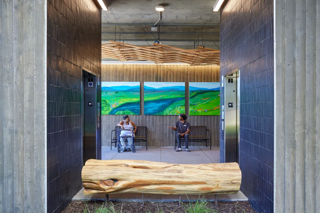 Interior view of the open-air elevators at Blue Oak Landing in Vallejo, California.