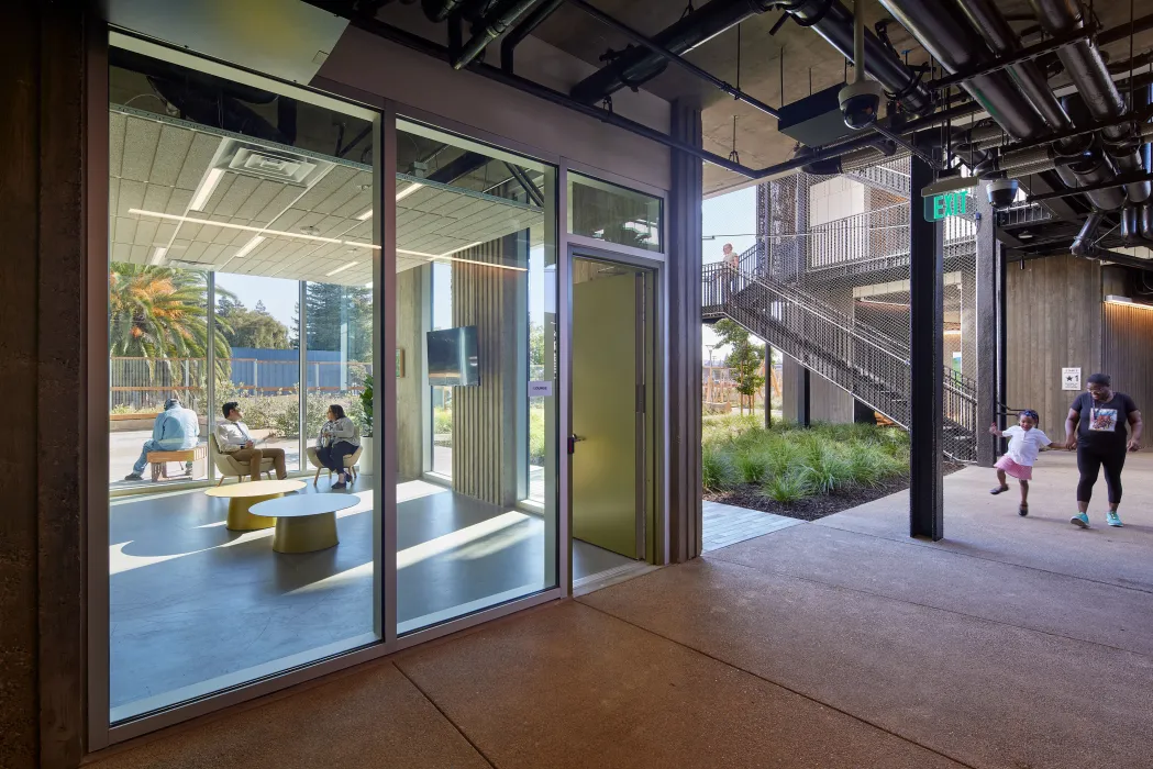 Interior view of the open-air community room at Blue Oak Landing in Vallejo, California.