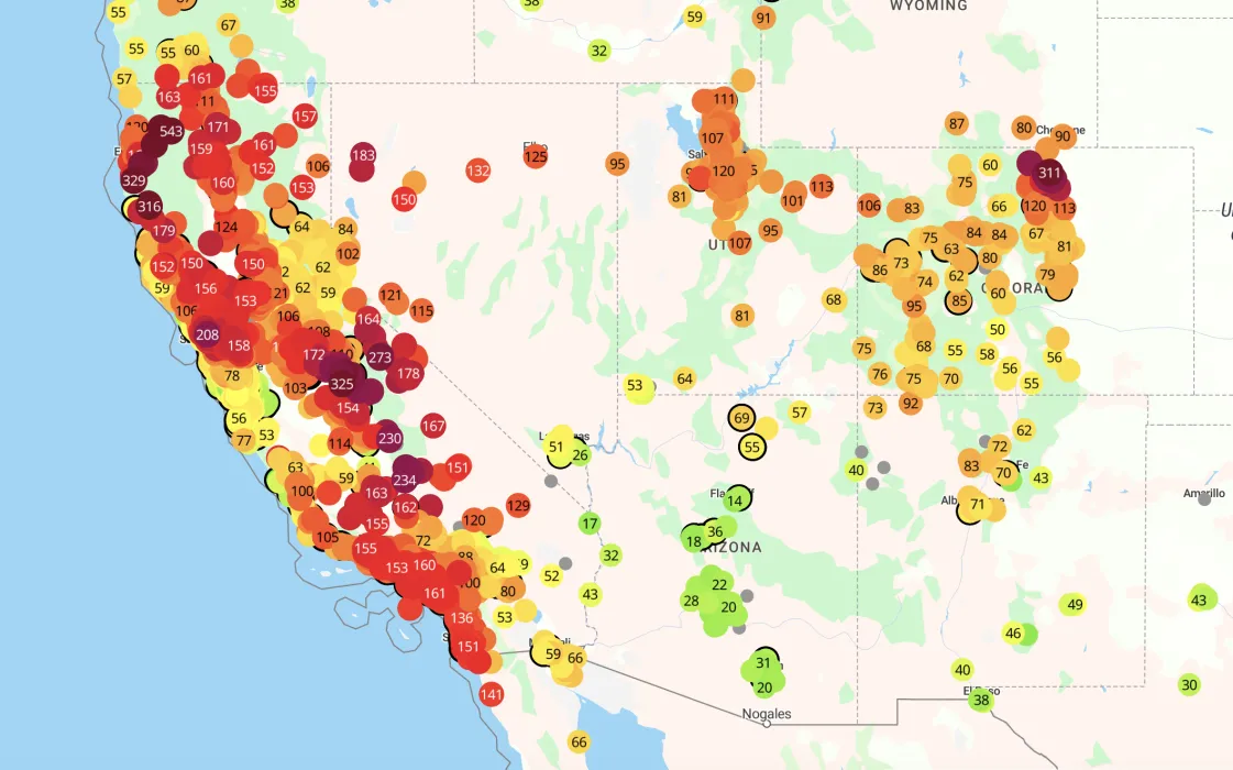 Map diagram showing the air quality on the west coast, specifically California.