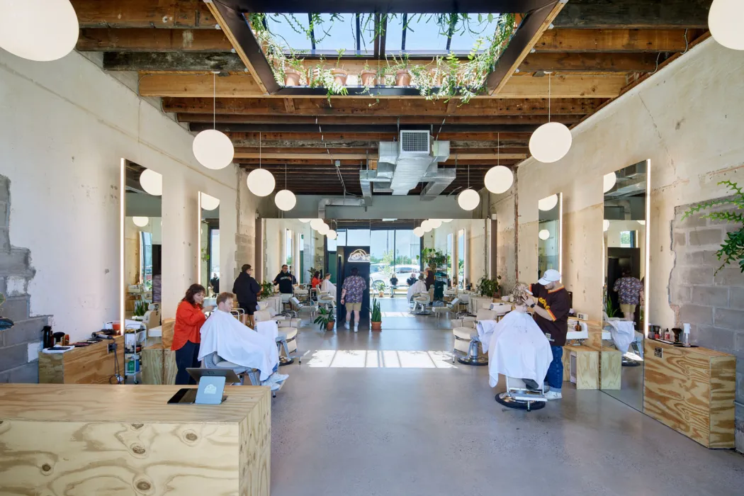 Interior of Zephyr Barber inside Bandsaw Building in Birmingham, Alabama.